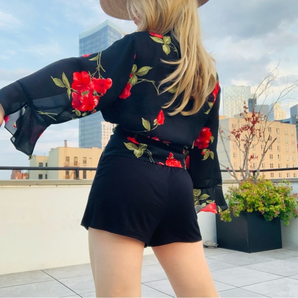 🛳 K.C.STUDIO Vintage Ruffle Long Sleeves Sheer Top Big Roses Sheer Top 22W - Picture 10 of 16